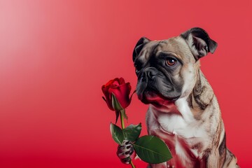 realistic French bulldog giving out red rose, theme love me love my dog, for valentine day 