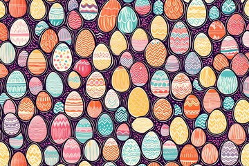 Playful and vibrant, an illustration features interlocking Easter eggs in a retro-style print, creating a seamless pattern against a backdrop of trendy pastel colors.