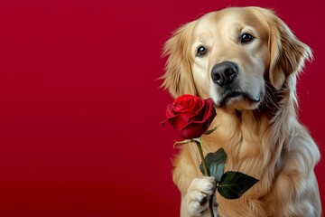 cute golden retriever holding red rose on red gradient background, love me love my dog, for valentine day - obrazy, fototapety, plakaty