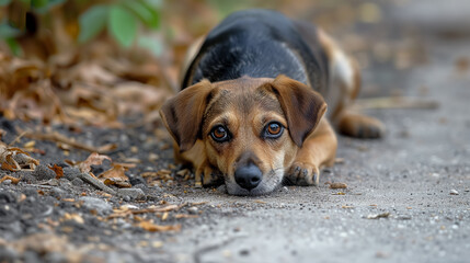 Sad dog lying on the ground with pleading eyes.
