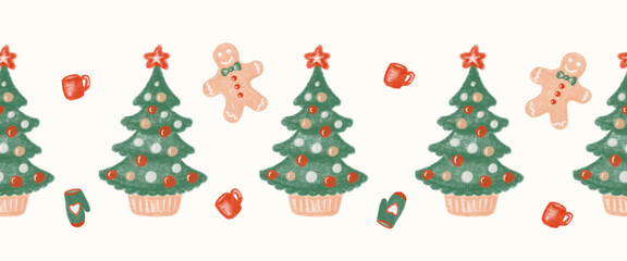 Christmas trees vector repeating border. Seamless pattern trees green with decoration. Winter holiday design for ribbons, card decoration, scrapbooking, banners