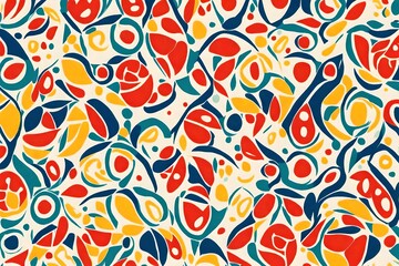 Bold and vivacious, organic shapes dance across a canvas, creating a retro-style seamless pattern that exudes energy with trendy primary colors.