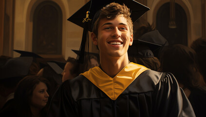 Obraz premium Portrait of a graduate in a cap and gown. Cheerful american guy in graduation costume, student posing over international group of students at university campus