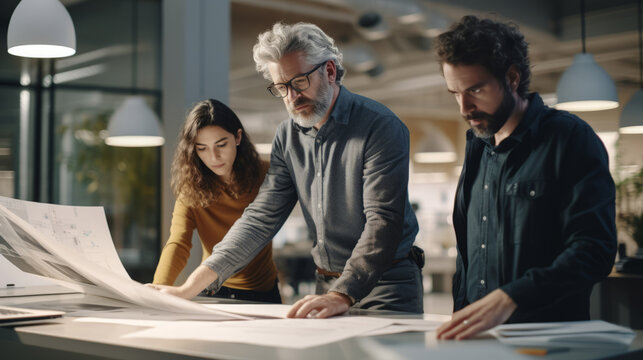 Senior architect checking blueprints with younger colleagues