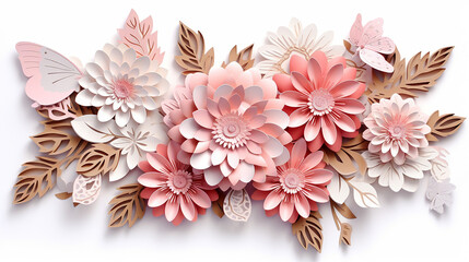 abstract cut paper flowers isolated on white background. 3d render 