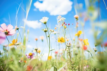 wideangle shot of diverse wildflowers with blue sky