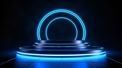3d render of abstract futuristic blue neon podium