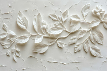 Abstract background of white plaster with flowers and plants