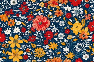 Fotobehang A dance of flowers takes center stage, creating a retro-style print with a seamless pattern that celebrates creativity in vibrant primary colors. © Best