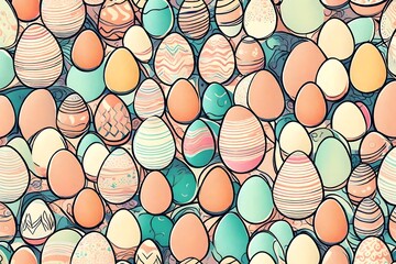 Dynamic and sophisticated, an abstract print comes to life with Easter eggs, forming a seamless pattern against a backdrop of delicate pastel colors in retro style.