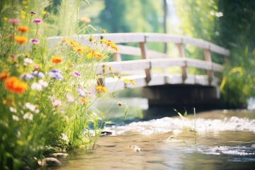 footbridge over creek with wildflowers on riverbanks