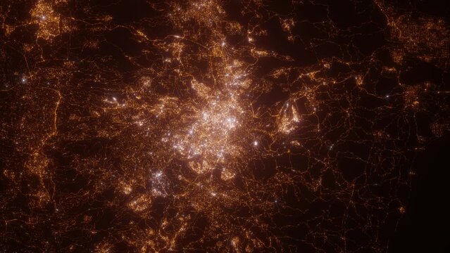 Jerusalem (Israel) aerial view at night. Top view on modern city with glow effect. Camera is zooming out, rotating counterclockwise