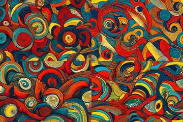 Spiraling into abstraction, an illustration unfolds with seamless precision, featuring organic shapes in a retro-style print of vibrant primary colors.