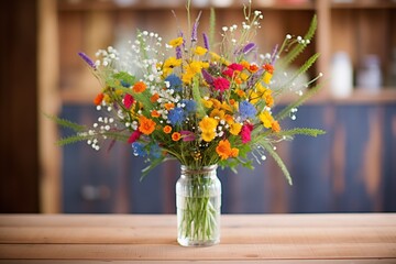 a colorful wildflower bouquet on a rustic wooden table