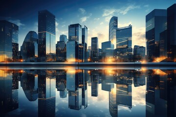 Reflective skyscrapers, business office buildings, Reflective Skyscrapers Business office buildings, low angle view of skyscrapers in city, sunny day. Business wallpaper. Ai generated