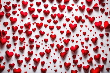 A symphony of red paper hearts dancing on a white canvas, forming a vibrant Valentine's Day background.