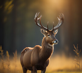 deer in the forest. Big wild deer in autumn forest, A majestic deer with antlers standing proudly in the forest at dawn. Created with Generative AI 