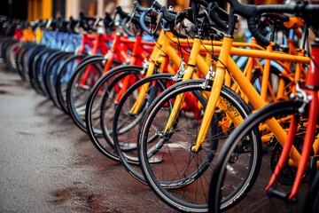 Row of red and orange rental bicycles lined up on a city street, offering eco-friendly urban transportation options.
