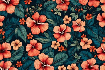 Fototapeta na wymiar Vibrant hibiscus blooms intertwining gracefully in a hand-drawn seamless pattern, capturing the essence of tropical nature.
