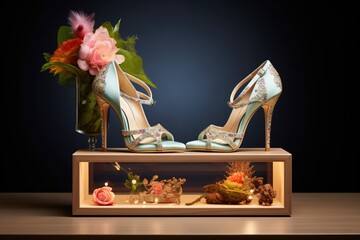 brightly lit display of luxury heels - obrazy, fototapety, plakaty