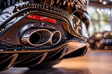Close-up of the shiny exhaust pipes of a luxury black car in a bright showroom.