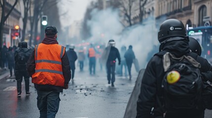 French orange vests on the streets with police - obrazy, fototapety, plakaty