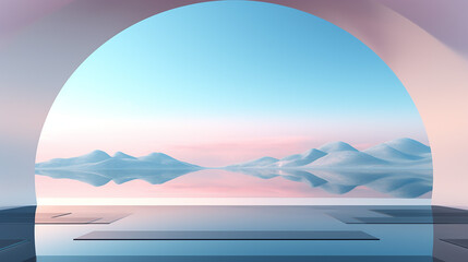 abstract futuristic background with geometric shapes, minimalist zen scenery, panoramic seascape wallpaper.. 3d render 