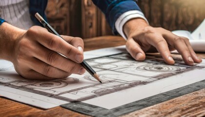 Naklejka premium Architects or Engineers working on a Design or Product - Blueprints on table being worked on with Pencils.