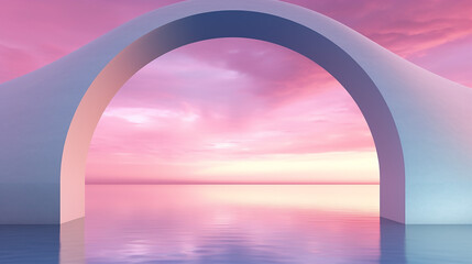  abstract zen seascape background nordic surreal scenery with geometric mirror arches calm water and pastel. 