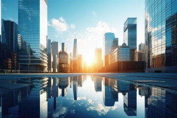 Obraz na płótnie Canvas Reflective Skyscrapers Business office buildings, Reflective skyscrapers, business office buildings. low angle view of skyscrapers in city, sunny day. Business wallpaper. Ai generated