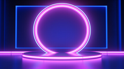  blue pink neon round frame circle shape. 3d render