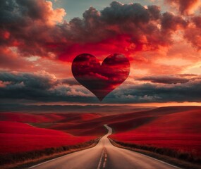 Red heart shaped sky at sunset. Beautiful landscape with road and clouds. AI generated