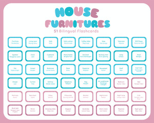 House furnitures bilingual colorful flashcard vector set. Printable house furnitures flashcard for kids. English Indonesian language.