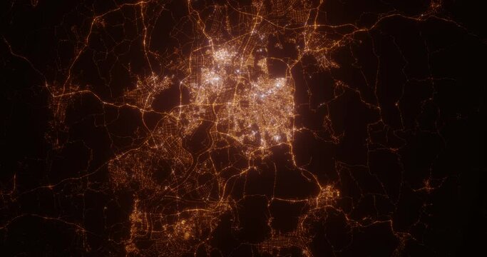 Gwangju (South Korea) aerial view at night. Satellite view on modern city with street lights. Camera is flying above the city, moving forward