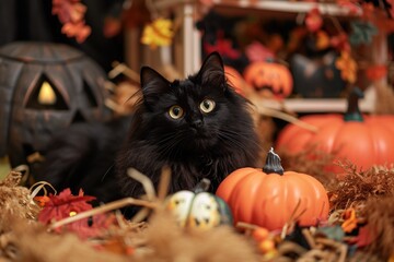 A playful shot of a mischievous black cat surrounded by Halloween decorations