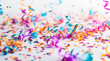 Colorful streamers and confetti on the white floor. Minimal party background