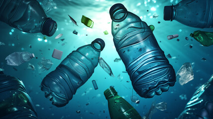 Plastic water bottle floating in the sea. Problem plastic bottles and microplastics floating in the open ocean. Marine plastic pollution concept. Plastic water bottle floating on water