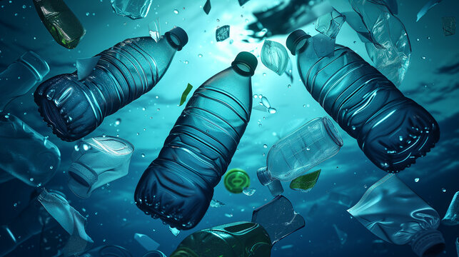 Plastic water bottle floating in the sea. Problem plastic bottles and microplastics floating in the open ocean. Marine plastic pollution concept. Plastic water bottle floating on water