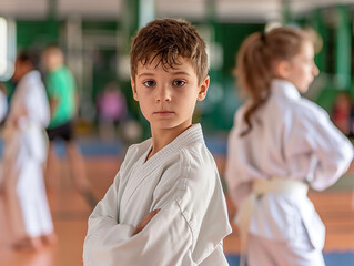 Fototapeta na wymiar boys and girls training in traditional martial arts clothes of karate fighters club.