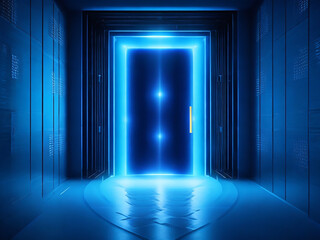 Abstract blue geometric background in a 3D render. Bright light entering the empty, dark room through the door portal.
