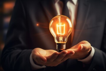 close up to a Businessman holding glowing light Businessman on blurred background using a glowing light bulb with his hand. Ai generated