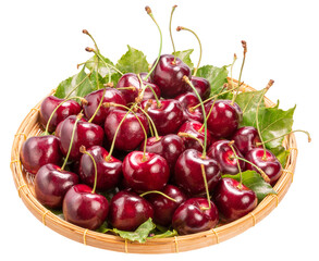 Sweet Red cherry in bamboo basket on white background, Red cherry with leaf isolate on white PNG File..
