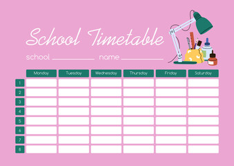 School timetable. Daily lessons time-table, schedule for week. Students education calendar blank everyday planner template. Kids organizer from Monday till Saturday, design. Flat vector illustration