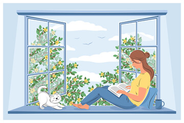 Obraz na płótnie Canvas Woman reading book and sitting at the spring window. Layout design for bookstore, library, bookshop or education. Vector illustration 