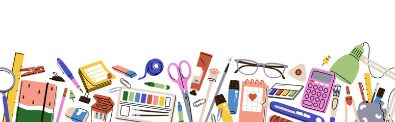 School stationery banner with supplies, stuff border. Notebook, glasses, scissors, calculator, paints, notepad, learning items on education background design. Kids childish flat vector illustration
