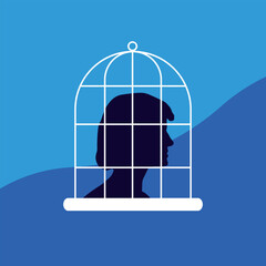 Vector illustration of limited thinking. Violation of women's rights, domestic violence. Need help. Princess in a cage, bullying a person. impasse, hopeless situation. 