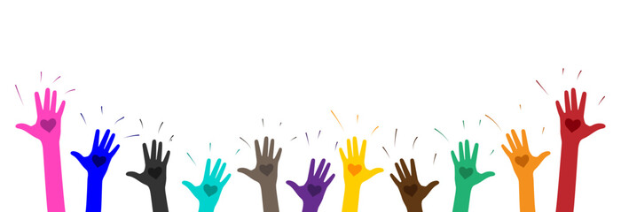 Raised hands with heart by different people. Unite for a common cause.