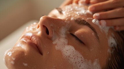 Facial Treatment for Hydrated Glowing Skin,Close-up of a tranquil person receiving a hydrating facial treatment, with focus on skin care and relaxation.