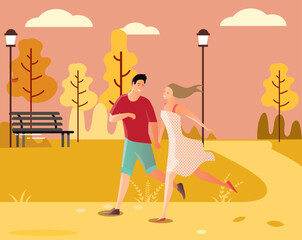 Romantic couple holding hands and running together on the parks. Concept love destiny, relationships, first dating and Valentine. Inspiration for wedding, date or romantic card.