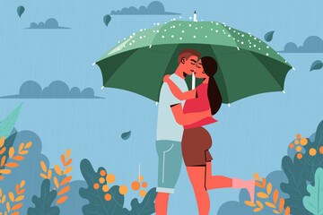 Romantic couple man and woman in love kissing under the raindrops on the parks. Concept love destiny, relationships, first dating and Valentine. Inspiration for wedding, date or romantic card. 